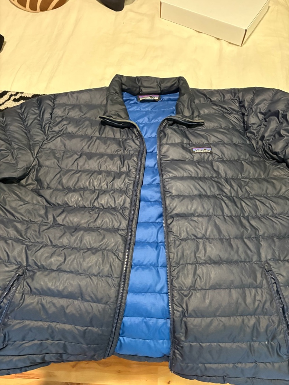 Patagonia Navy Shell with Bright Blue Lining Quilted Puffer